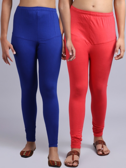 

GRACIT Women Blue & Peach Pack Of 2 Solid Churidar-Length Leggings