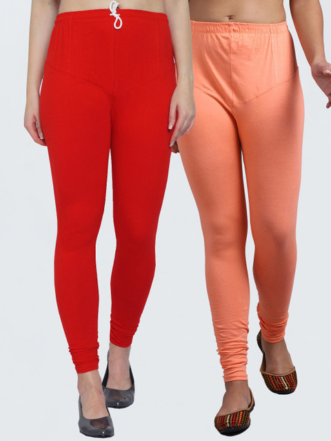 

GRACIT WomenPack Of 2 Red & Peach-Coloured Solid Churidar-Length Leggings