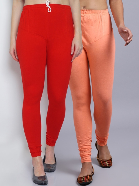 

GRACIT Women Pack of 2 Red and Peach Solid Churidar Length Legging