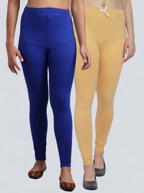 

GRACIT Women Pack Of 2 Blue & Beige Solid Churidar Length Leggings