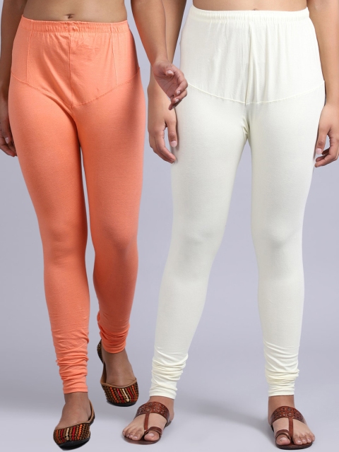 

GRACIT Pack Of 2 Women Peach & Off White Solid Churidar-Length Leggings