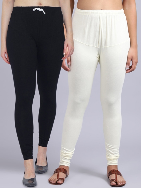 

GRACIT Women Pack Of 2 Black & Off-White Solid Churidar-Length Leggings