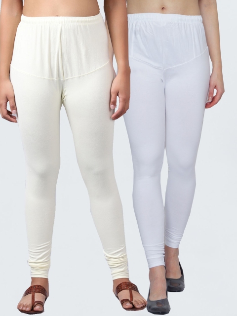 

GRACIT Women Pack Of 2 White & Off-White Solid Churidar-Length Leggings