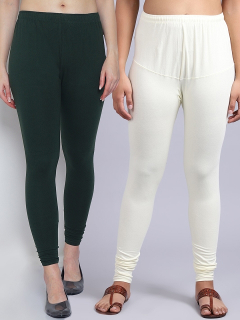 

GRACIT Women Pack of 2 White & Olive Solid Churidar Length Leggings