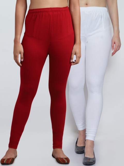 

GRACIT Women Pack Of 2 White & Maroon Solid Churidar-Length Leggings