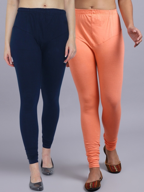 

GRACIT Women Navy Blue & Peach Pack Of 2 Solid Churidar-Length Leggings