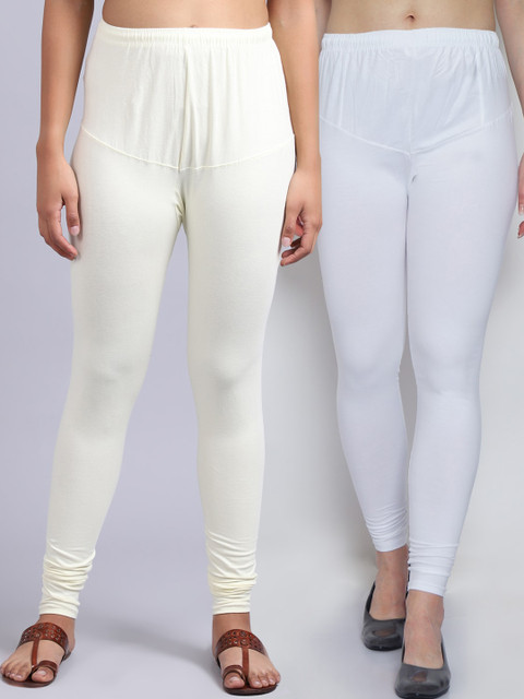 

GRACIT Women Pack Of 2 White & Off White Solid Churidar-Length Leggings