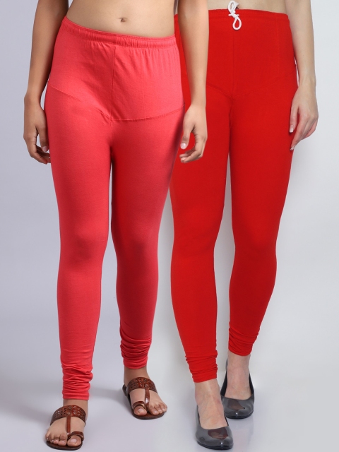 

GRACIT Women Red and Peach Pack Of 2 Solid Churidar-Length Leggings