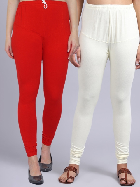 

GRACIT Women Pack of 2 Red & White Solid Cotton Leggings