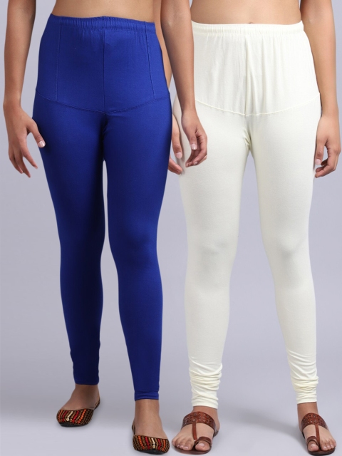 

GRACIT Women Blue & Off White Pack of 2 Solid Churidar Length Legging