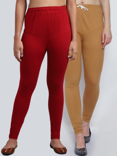 

GRACIT Women Pack Of 2 Maroon & Beige Solid Churidar-Length Leggings