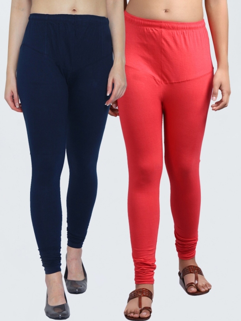 

GRACIT Women Pack Of 2 Navy Blue & Orange Solid Churidar-Length Leggings