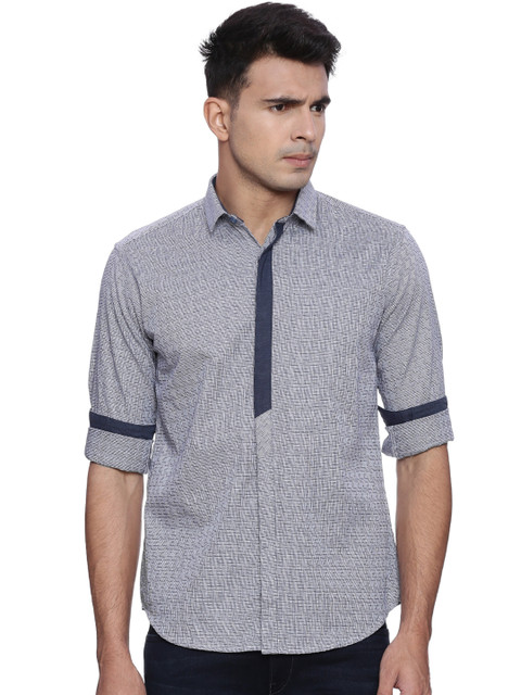 

V Dot by Van Heusen Men Grey & Navy Blue Slim Fit Self-Design Casual Shirt