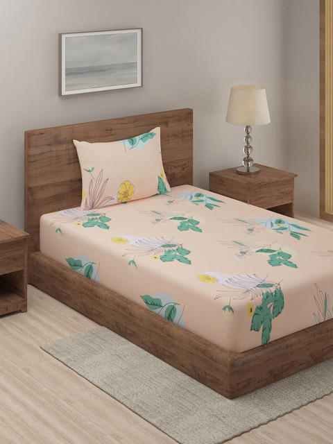 

TAG 7 Peach-Coloured & Green Floral 210 TC Single Bedsheet with 1 Pillow Covers