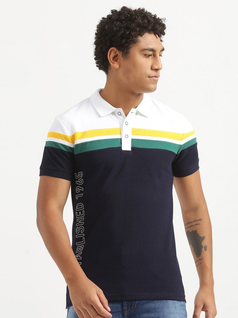 

United Colors of Benetton Men Navy Blue & White Striped Polo Collar T-shirt