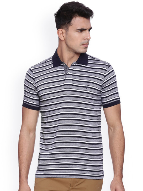 

Allen Solly Men Navy & White Striped Polo Collar T-shirt, Navy blue