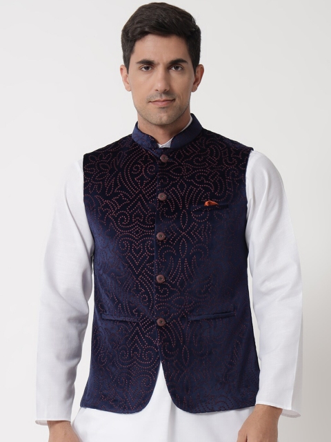 

MAXENCE Men Navy Blue Embroidered Cotton Nehru Jackets