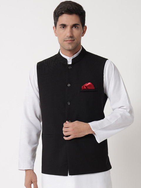 

MAXENCE Men Black Solid Woven Nehru Jacket