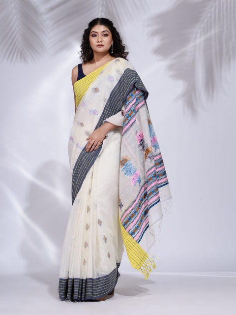 

Charukriti Off White & Blue Woven Design Pure Cotton Saree