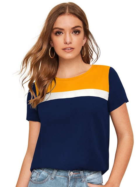 

FAVRIZ Yellow & Navy Blue Colourblocked Top