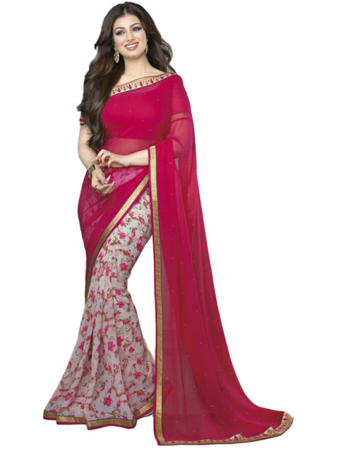 

Zainab Women chottani Pink & White Floral Pure Georgette Print Saree
