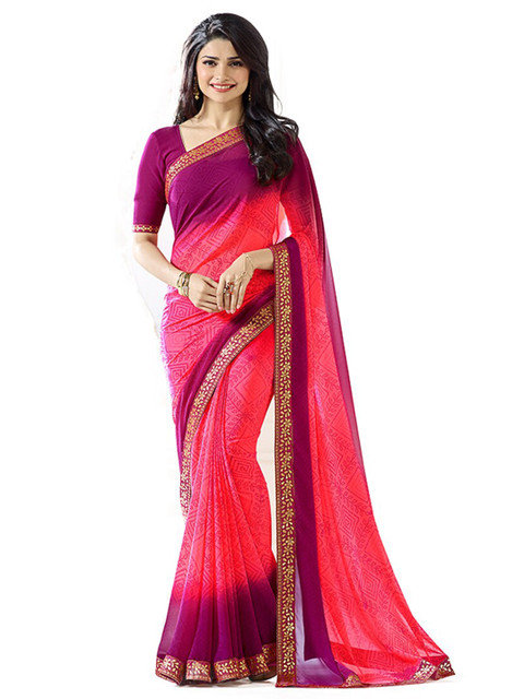 

Zainab chottani Pink & Gold-Toned Floral Embroidered Pure Georgette Block Print Saree