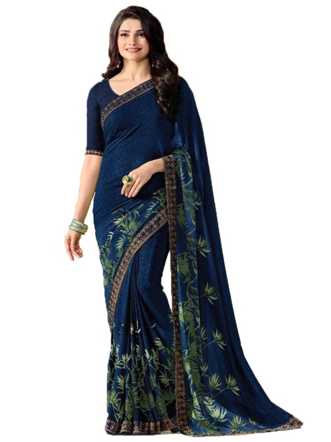 

Zainab chottani Blue & Gold-Toned Floral Embroidered Pure Georgette Block Print Saree