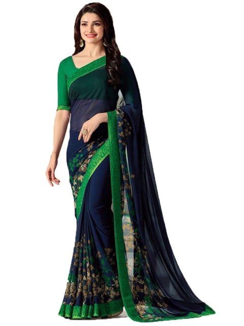 

Zainab chottani Blue & Green Floral Pure Georgette Block Print Saree
