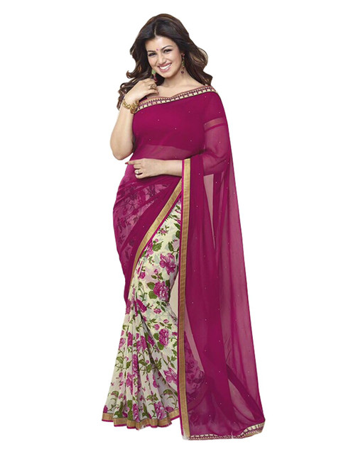 

Zainab chottani Pink & Cream-Coloured Half & Half Floral Zari Pure Georgette Saree