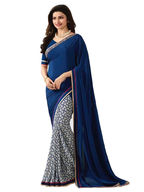 

Zainab chottani White & Navy Blue Pure Georgette Block Print Saree