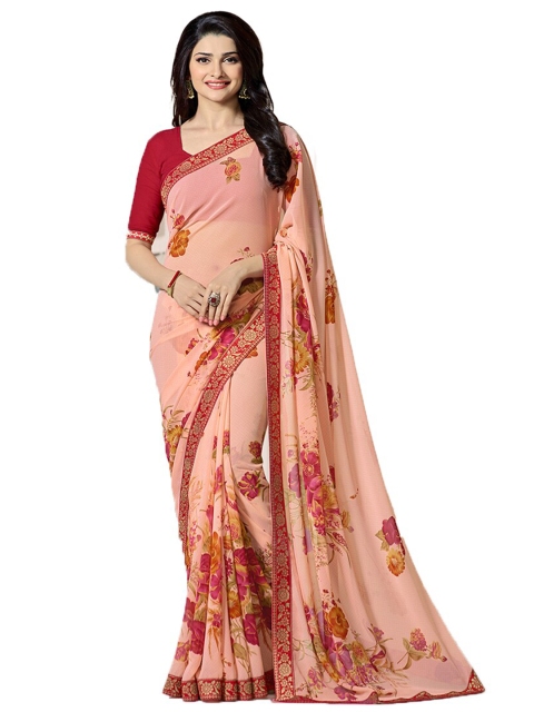 

Zainab chottani Peach-Coloured & Red Floral Pure Georgette Saree