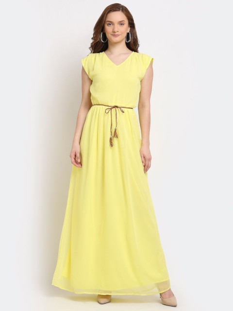 

La Zoire Women Yellow Cap Sleeves Belted V-Neck Maxi Dress