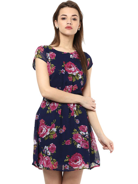 

La Zoire Navy Blue Floral Georgette A-Line Dress