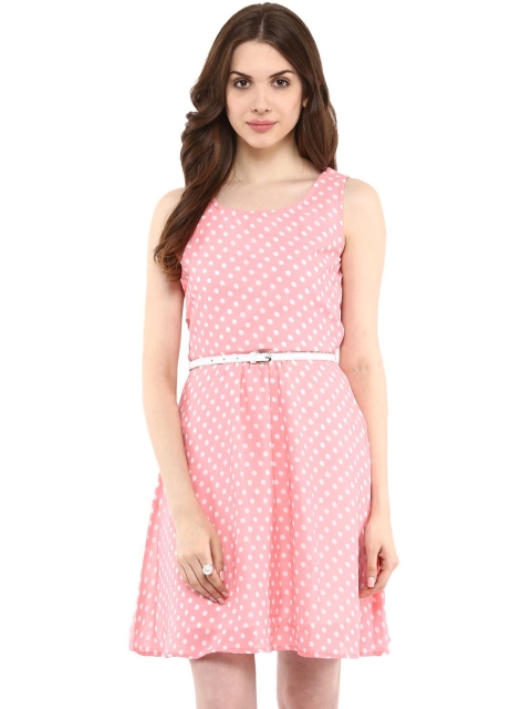 

La Zoire Pink Georgette A-Line Polka Dot Print Belted Dress