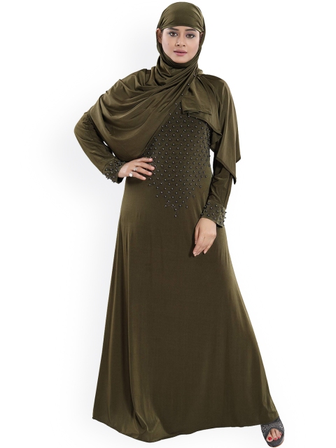 

Tucute Women Olive Ready to Wear Velvet Lycra Abaya Burkha with Hijab