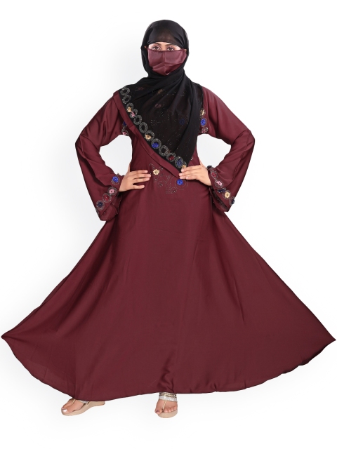 

Tucute Women Maroon Ready to Wear Velvet Lycra Abaya Burkha with Hijab