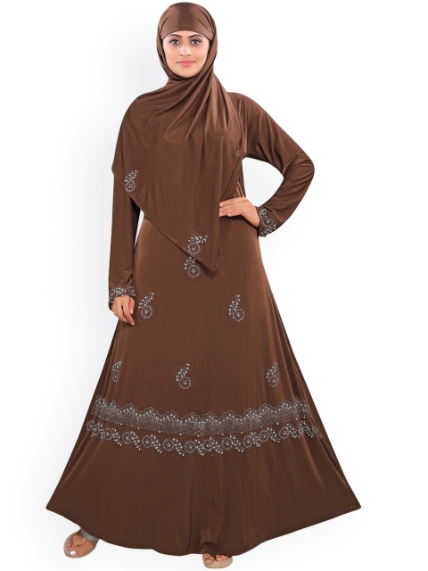 

Tucute Women Brown Embellished Ready to Wear Velvet Lycra Abaya Burqas with Hijab