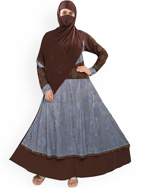 

TUCUTE Women Grey & Brown Solid Velvet Abaya Burqa With Hijab