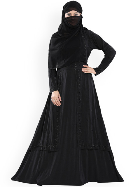 

Tucute Women Black Ready to Wear Velvet Lycra Abaya Burqas with Hijab
