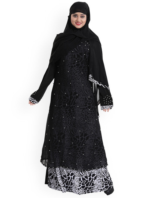 

TUCUTE Women Black & Silver-Colored Embellished Burqas With Hijabs