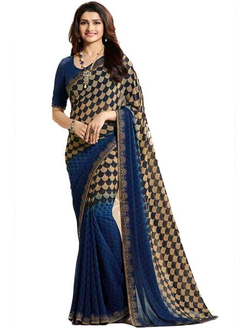 

Zainab chottani Blue & Beige Embroidered Pure Georgette Block Print Saree