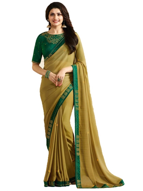 

Zainab chottani Yellow & Green Embroidered Pure Georgette Block Print Saree