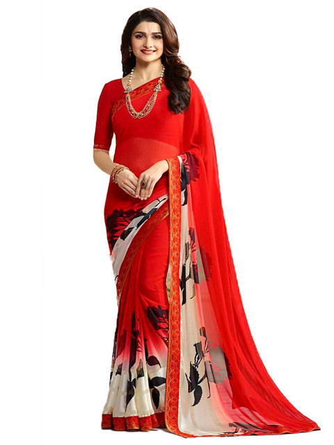 

Zainab chottani Red & White Floral Zari Pure Georgette Block Print Saree