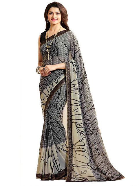 

Zainab chottani Grey & White Pure Georgette Block Print Saree