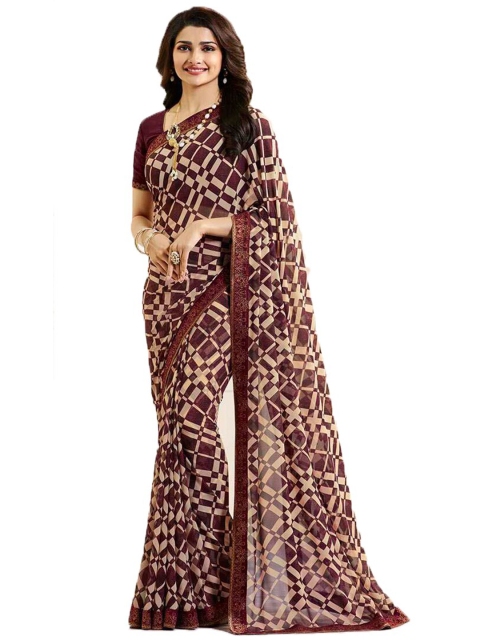 

Zainab chottani Maroon & Beige Pure Georgette Block Print Saree