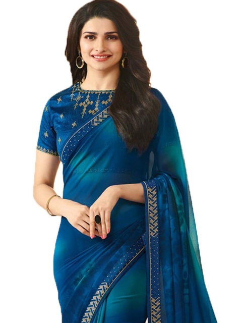 

Zainab chottani Blue Beads and Stones Pure Georgette Block Print Saree