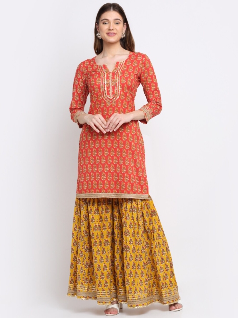 

anokherang Women Red Ethnic Motifs Printed Thread Work Kurta