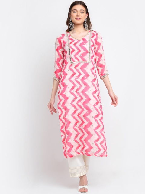 

anokherang Women Pink Floral Checked Mirror Work Quirky Satin Kurta