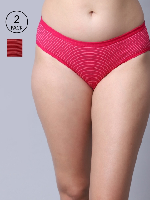 

GRACIT Women Pink Pack Of 2 Solid Striped Briefs, Red