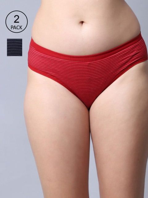 

GRACIT Women Pack Of 2 Red & Navy Blue Striped Hipster Cotton Briefs